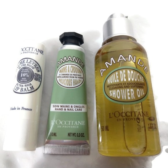 L'occitane Almond Shower Oil ,Hand cream& Shea Lip Balm Set X 3 New - Picture 1 of 4